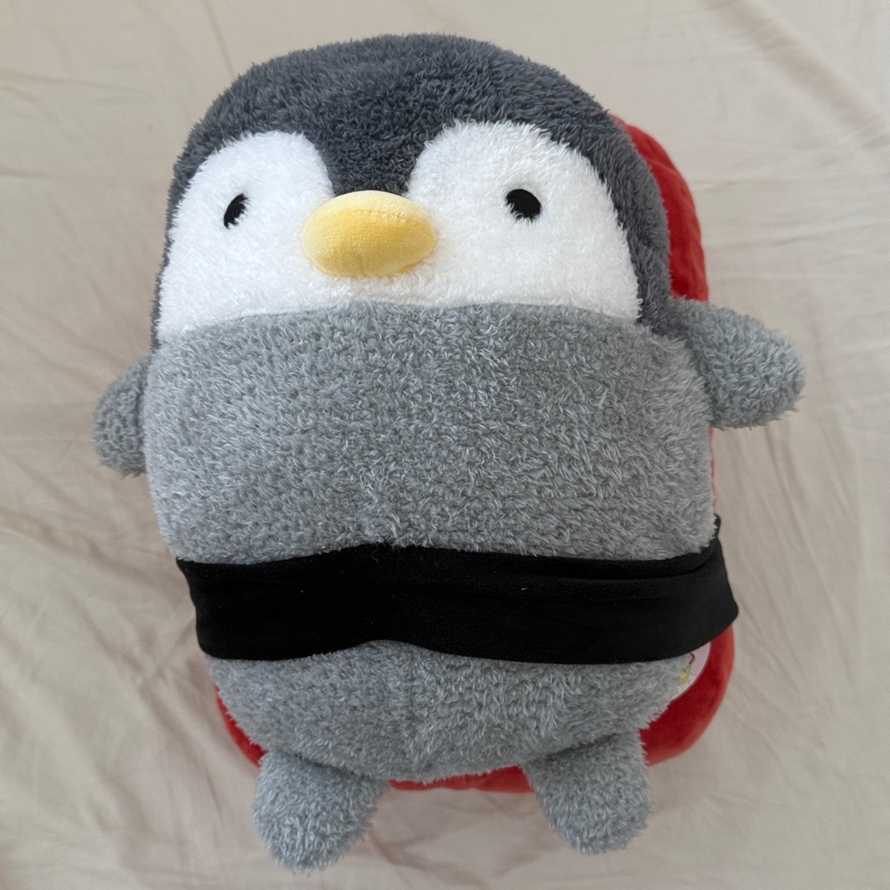 Takashoji Gray Penguin Strapped To Tuna Sushi 14in Round Plush NWT